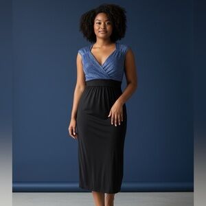 Enfocus Studio Blue and Black V Neck Shimmer Maxi Dress